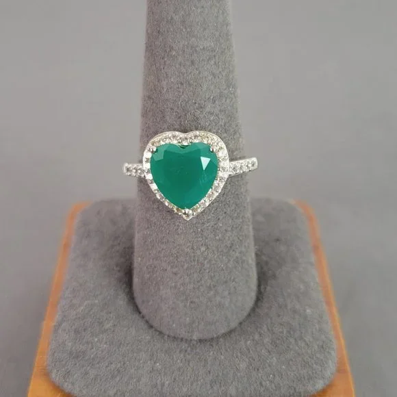 Green Onyx Rhodium Over Silver Heart Necklace, Ring (Sz 7.5), & Earrings - Picture 6 of 16